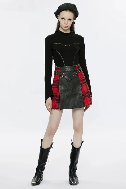 Trendy midi skirts for modern fashionistas -Women's Black+Red Mini Buckle Metal Belt Personality Splicing Plaid Daily Rivet A-Line Skirt