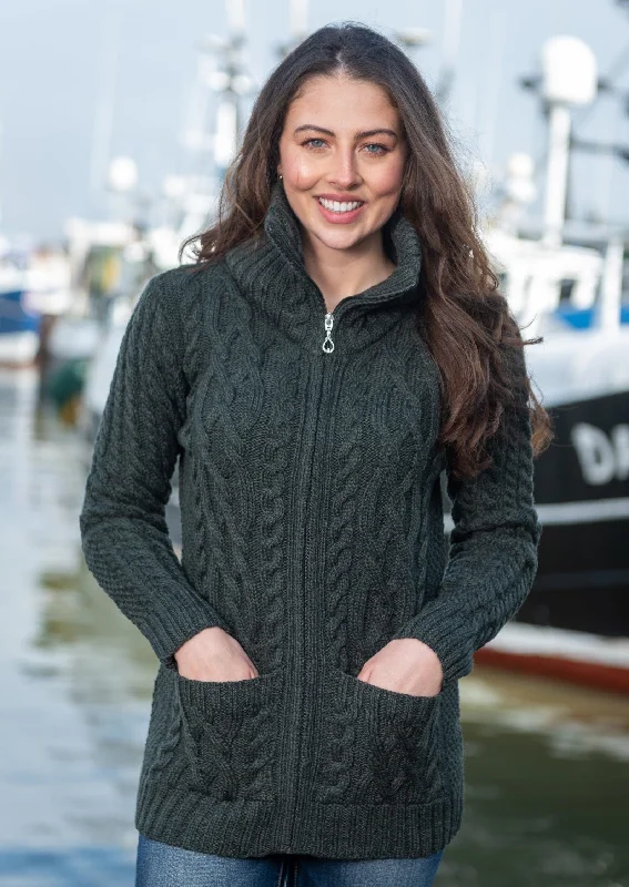 Tasseled - cardigan for a playful touch -Aran Claddagh Zip Cardigan | Green