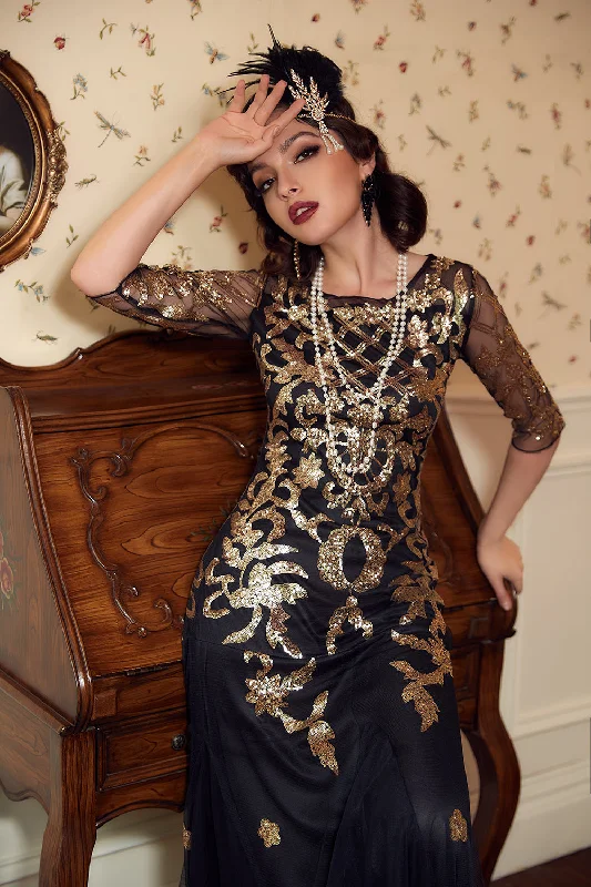 Geometric Dresses for Modern -Black Golden Sequins 1920s Dress