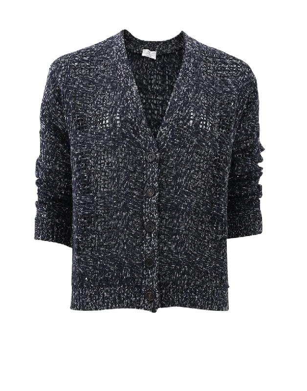 Family - gathering cardigan for a cozy atmosphere -Embroidered Grid Paillette Cardigan