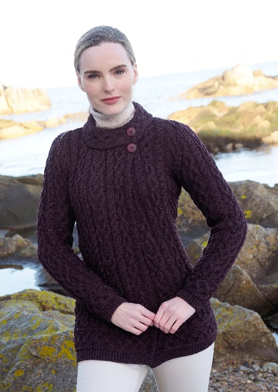 Yellow - cardigan for a bright and cheerful look -Meath Side Button Aran Cardigan | Plum