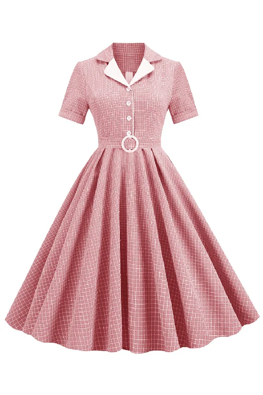 Animal Print Dresses for Fun -Blush Plaid Swing 1950s Dress with Short Sleeves