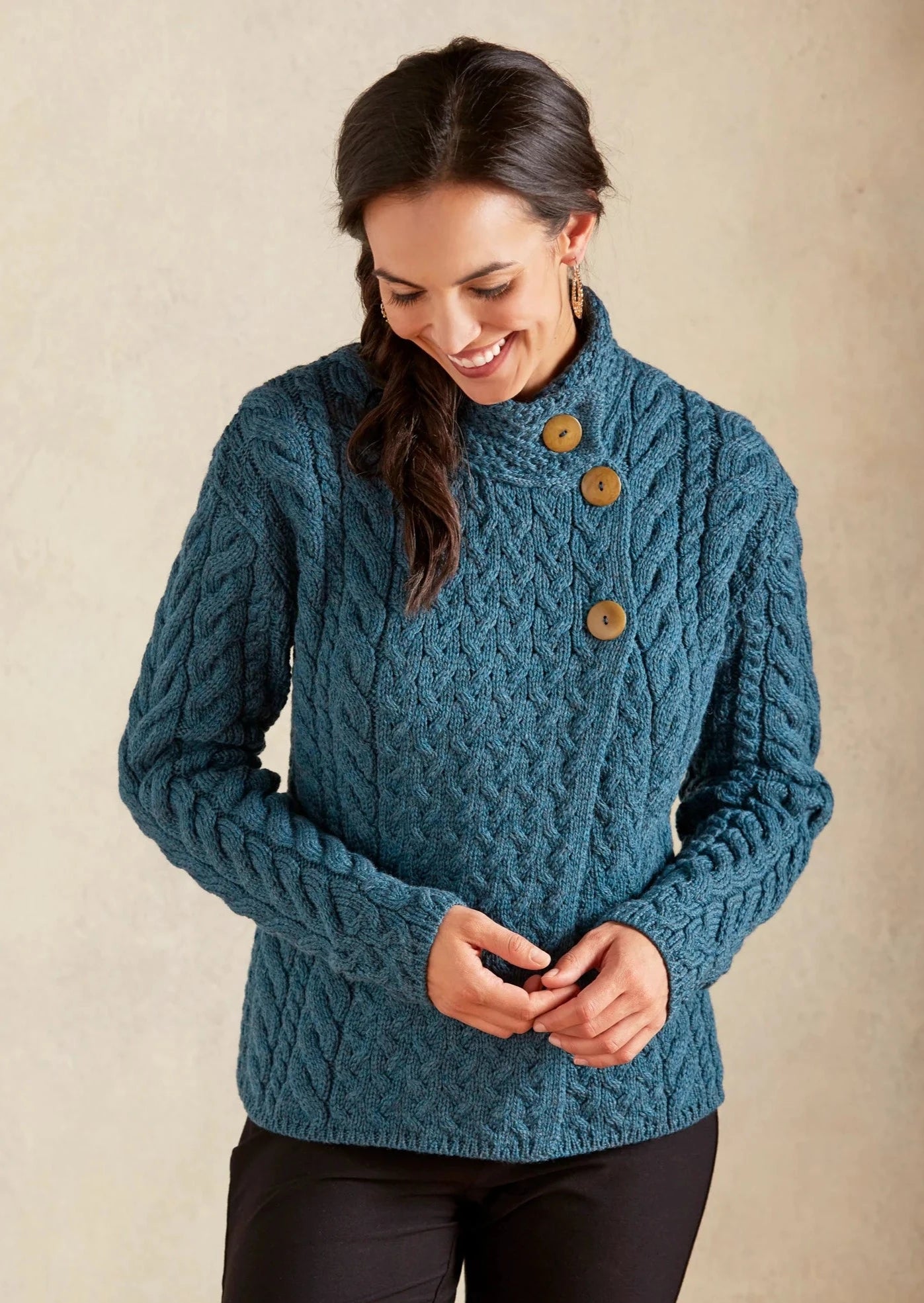 Hooded cardigan for added warmth -Aran 3 Buttons Trellis Cardigan | Irish Sea