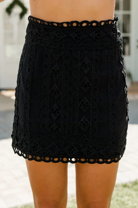 Designer skirts with premium fabric finish -Tell You All About It Black Eyelet Skirt