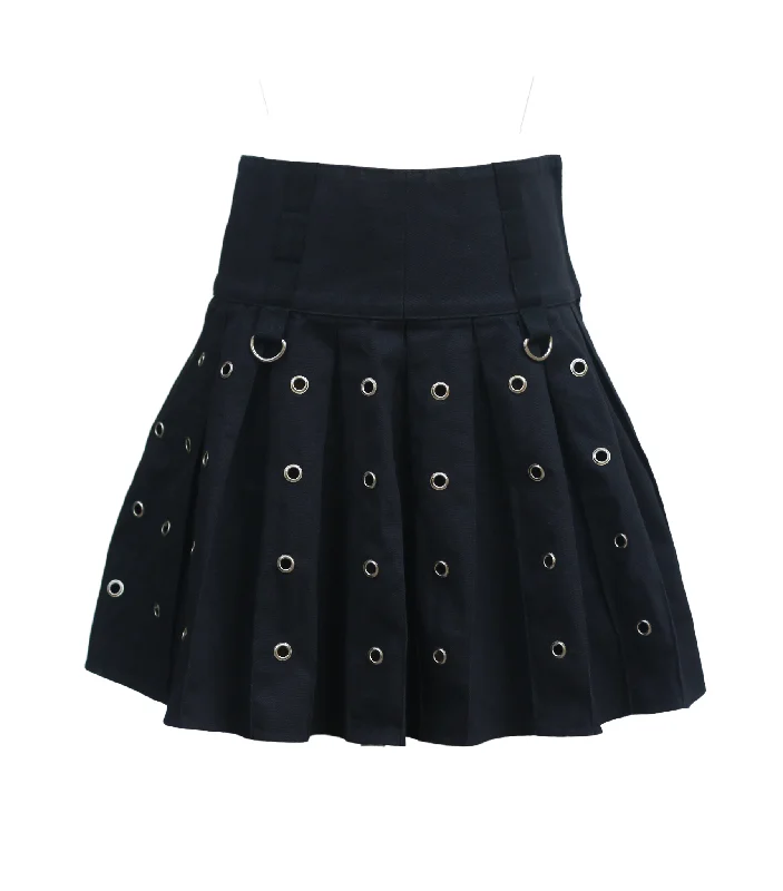 Lightweight skirts for warm season chic -Black Super Rocker kilt Skirt with Silver Rivets