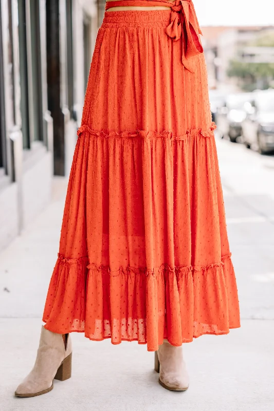 High-waisted denim skirts for cool lift -Love Collides Rust Orange Swiss Dot Maxi Skirt