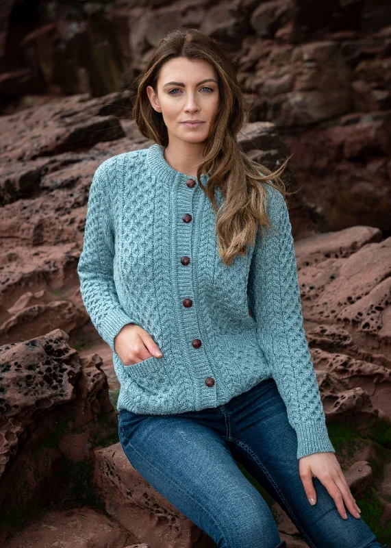 Fashion - show cardigan for a trendy statement -Aran Cable Knit Cardigan | Aqua