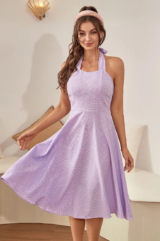 Long-sleeved Dresses for Coverage -Halter Lavender Plaid Vintage Dress