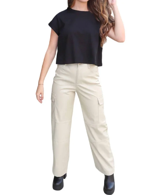 Tight trousers for women with side slits and ankle-length design for chic style -Faux Leather Cargo Pants In Cream