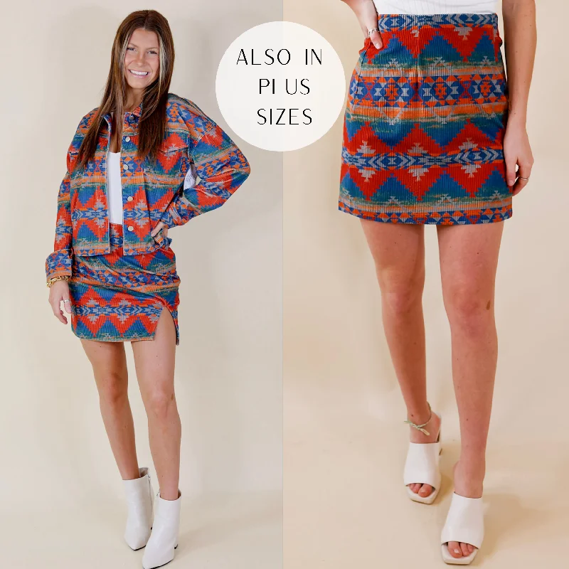 Affordable skirts with basic solid colors -Edgy and Chic Aztec Print Skirt in Red and Blue