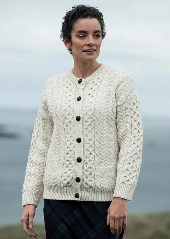 Yoga - cardigan for a flexible fit -Achill Island Ladies Aran Cardigan | Natural