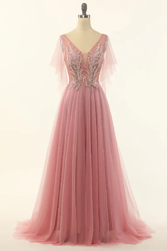 Shift Dresses for Simple Look -Blush Beading Tulle A-line Prom Dress