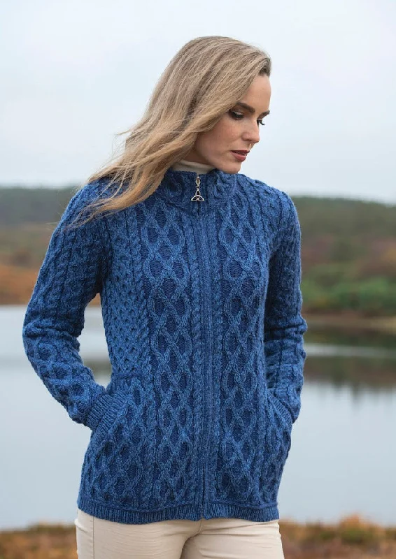 Embroidered cardigan with delicate details -Aran Crafts Yeats Plated Zip Cardigan | Blue