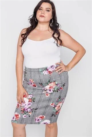 Designer pencil skirts for sharp professional looks -Plus Size Check Rose Print Pencil Skirt