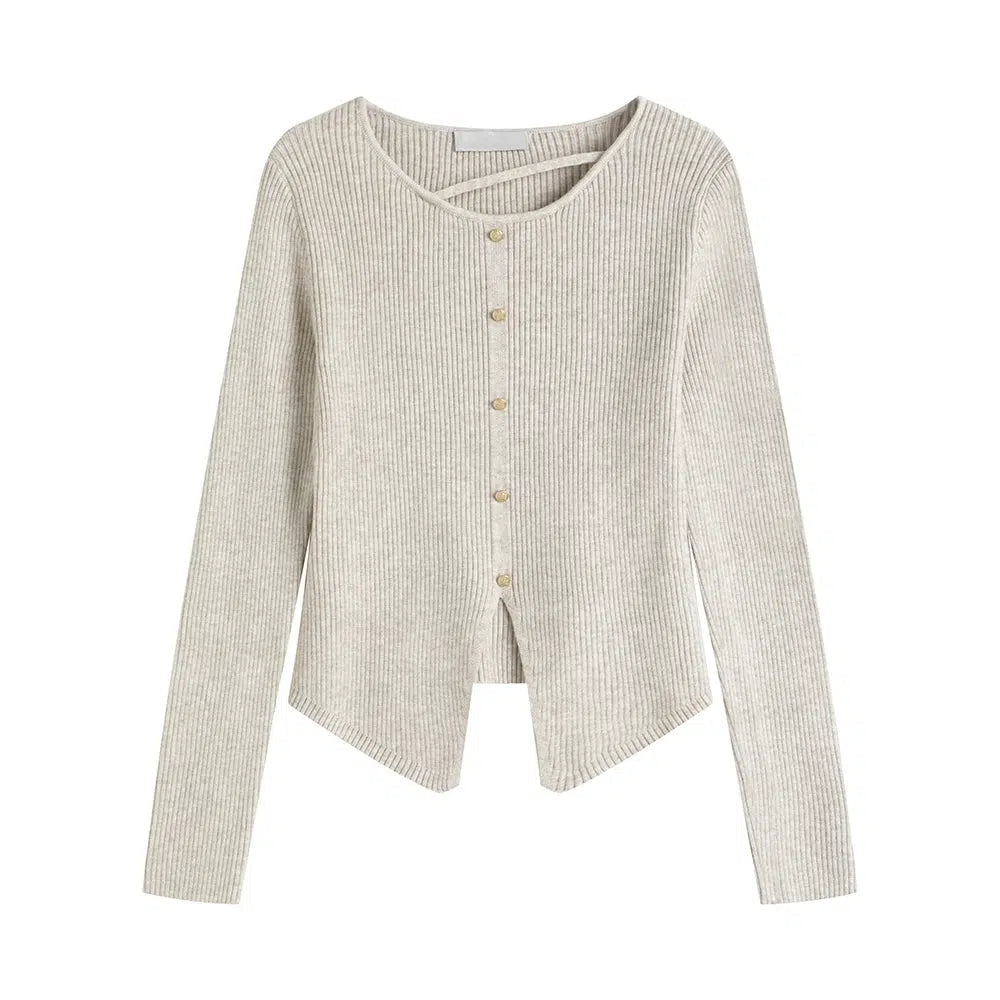 Long - sleeve cardigan for cold weather -Button Front Ribbed Knit Cardigan