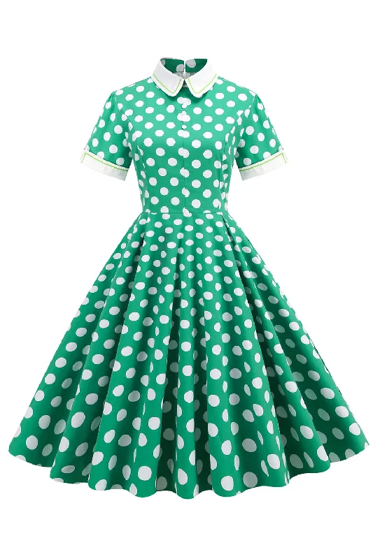 Belted Dresses for Shaping -Green White Dot Vintage Dress with Short Sleeves