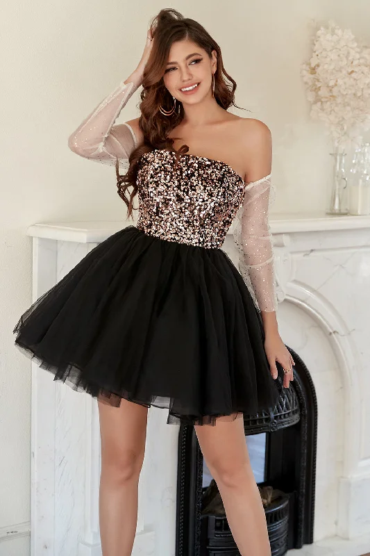 Lace Dresses for Delicate -Black Strapless Neck A Line Homecoming Dress