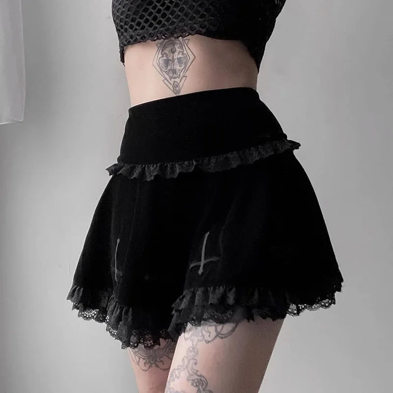 Affordable skirts for simple daily outfits -Sexy Lace Casual Gothic Stylish Embroidery Summer Trim Fashion Black Skirt