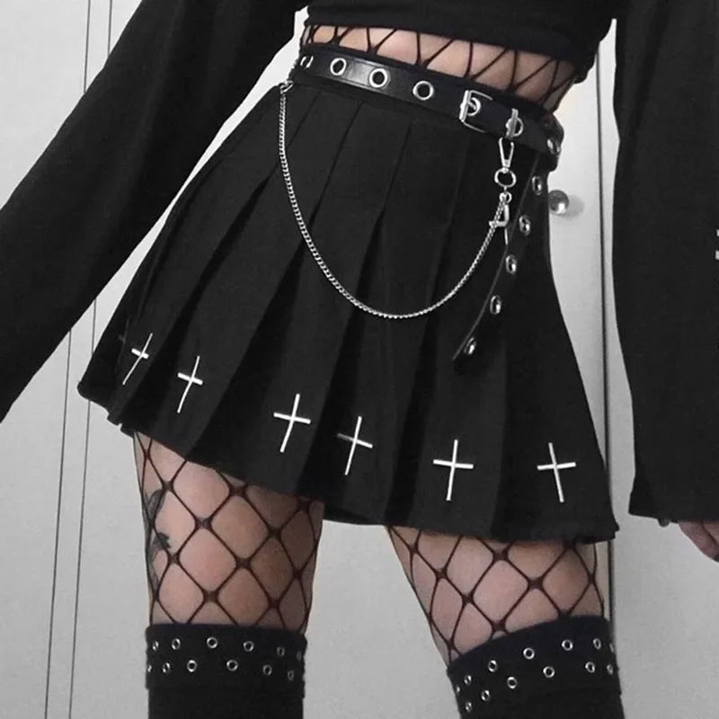 Durable cotton skirts for tough daily use -Black Vintage Print High Cross Pleated Streetwear Waist Gothic Skirt