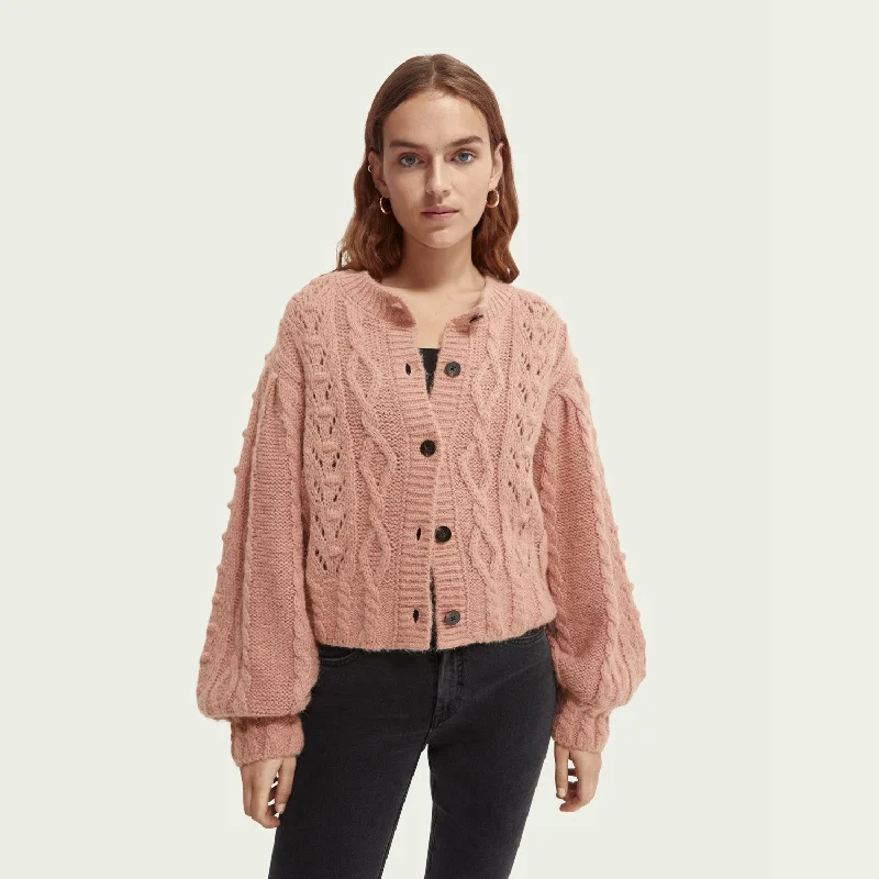 Semi - formal - event cardigan for a refined look -Cable Knit Relaxed Fit Cardigan (Pink Rose Melange)