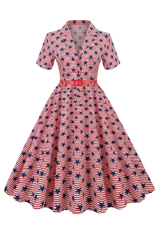 Ruffled Dresses for Girly -American Flag Stars Print Vintage Dress