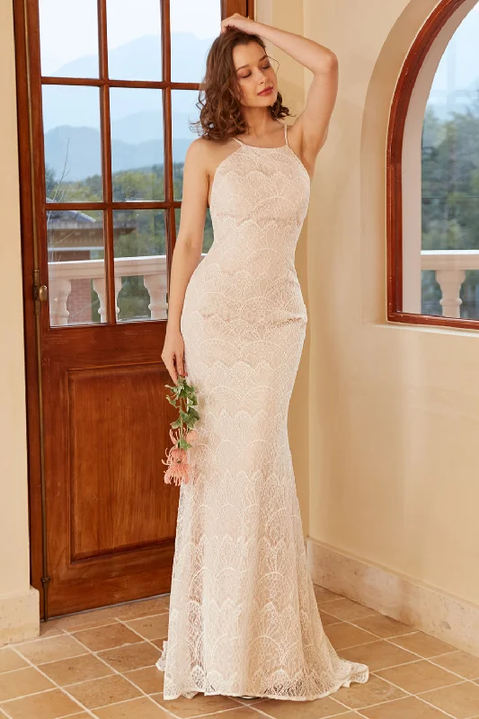 Mother's Day Dresses for Gift -Mermaid Halter White Lace Wedding Dress with Sweep Train