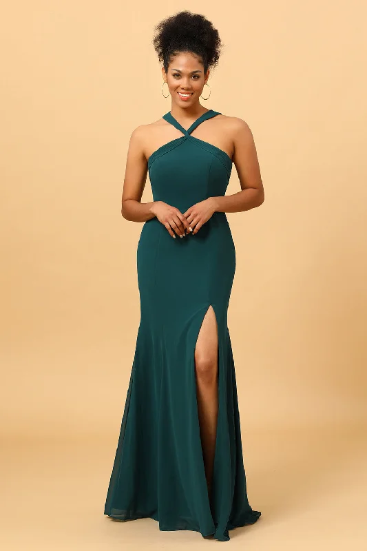 Ruffled Dresses for Girly -Green Mermaid Chiffon Bridesmaid Dress with Slit