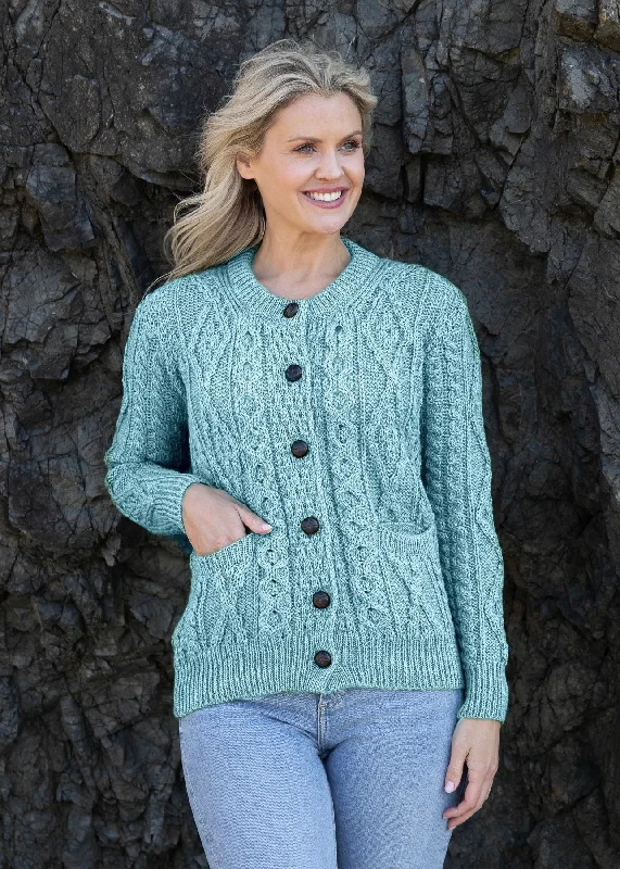 Button - front cardigan for easy wearing -Ladies Aran Wool Cardigan | Aqua