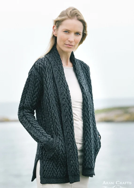 Casual - cardigan for everyday wear -Herringbone Edge to Edge Aran Cardigan | Charcoal